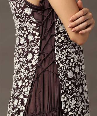 Purple tiered sleeveless anarkali gown with a white parsi straight cape 3