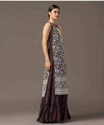Purple tiered sleeveless anarkali gown with a white parsi straight cape 4