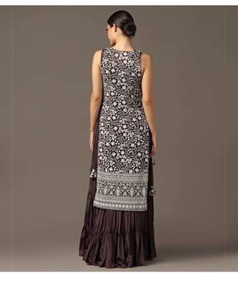 Purple tiered sleeveless anarkali gown with a white parsi straight cape 5