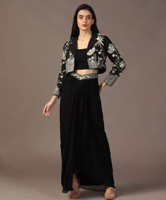 Black top with draped skirt and embroidered jacket 1