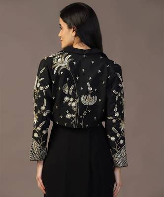 Black top with draped skirt and embroidered jacket 2