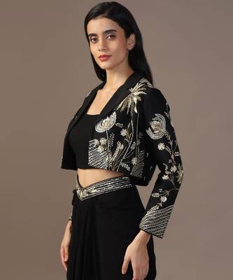 Black top with draped skirt and embroidered jacket 3