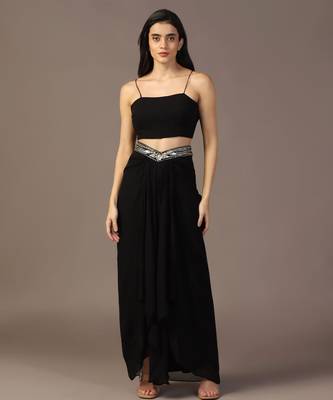 Black top with draped skirt and embroidered jacket 4