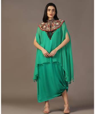 Leaf green gown with embroidered cape 1