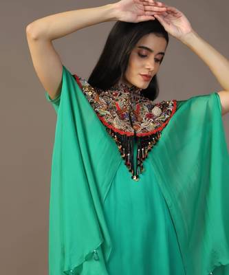 Leaf green gown with embroidered cape 3