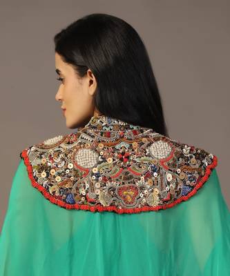 Leaf green gown with embroidered cape 4