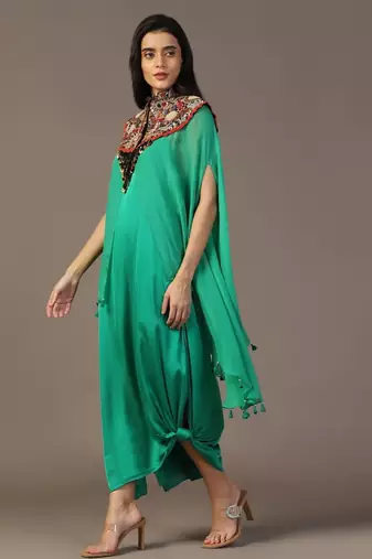 Leaf green gown with embroidered cape