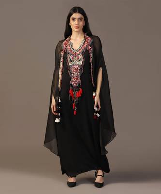 Black embroidered gown with cape set 1