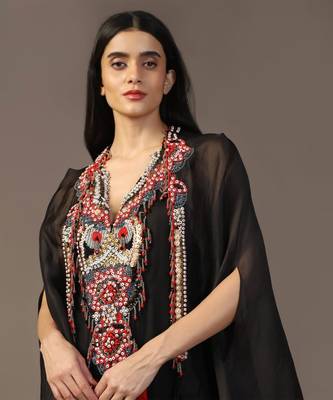 Black embroidered gown with cape set 2