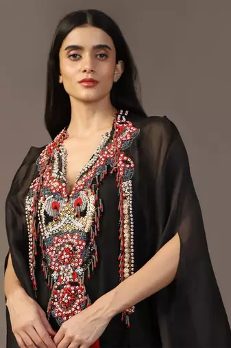 Black embroidered gown with cape set