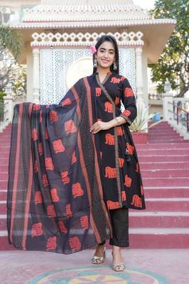 Cotton black  colored kurti pant dupatta set 1