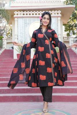 Cotton black  colored kurti pant dupatta set 3