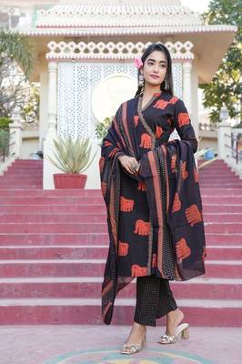 Cotton black  colored kurti pant dupatta set 4