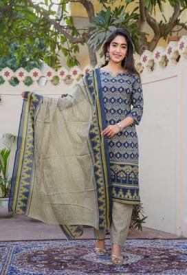 Cotton straight  kurti pant dupatta set 1