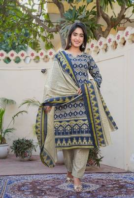 Cotton straight  kurti pant dupatta set 3