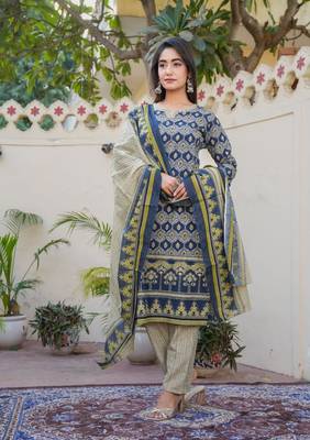 Cotton straight  kurti pant dupatta set 4