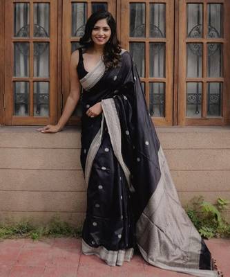 Black color silk blend saree with blouse 1