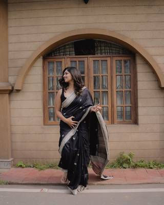 Black color silk blend saree with blouse 2