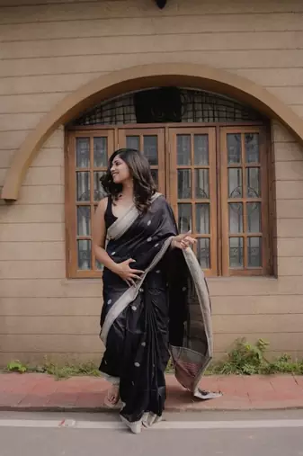 Black color silk blend saree with blouse
