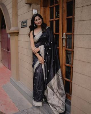 Black color silk blend saree with blouse 3