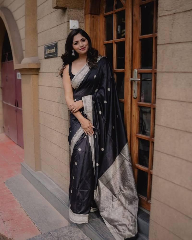 Black color silk blend saree with blouse