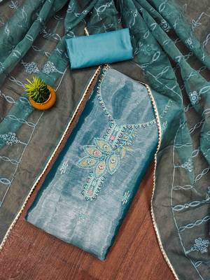 Women's blue barbaric silk embroidered work unstitched dress material 1