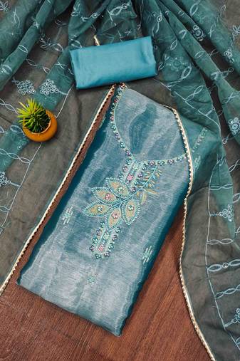 Women's blue barbaric silk embroidered work unstitched dress material
