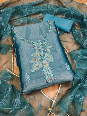 Women's blue barbaric silk embroidered work unstitched dress material 2