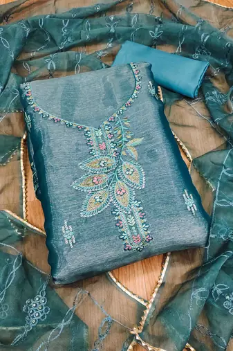Women's blue barbaric silk embroidered work unstitched dress material