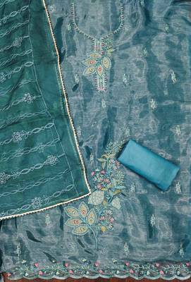 Women's blue barbaric silk embroidered work unstitched dress material 3