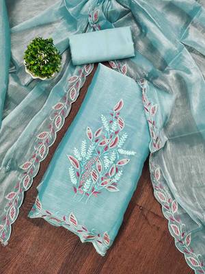 blue barbaric silk embroidered work unstitched dress material 1
