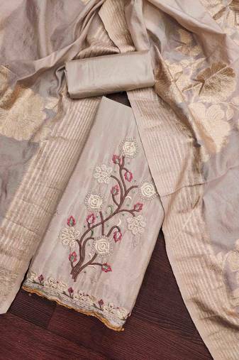 beige chiffon silk embroidered work unstitched dress material