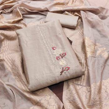 beige chiffon silk embroidered work unstitched dress material 2