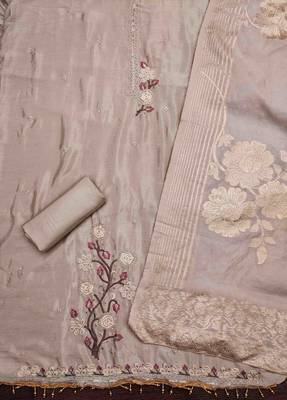 beige chiffon silk embroidered work unstitched dress material 3