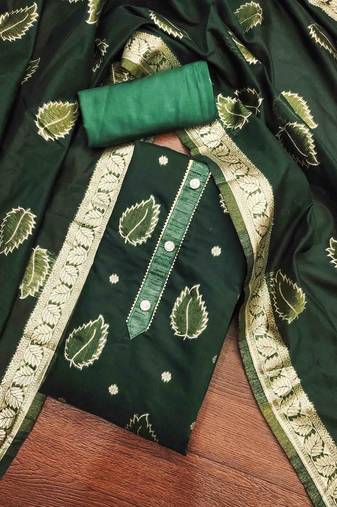 dark green shimmer jacquard woven design work unstitched dress material