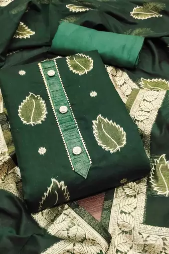 dark green shimmer jacquard woven design work unstitched dress material