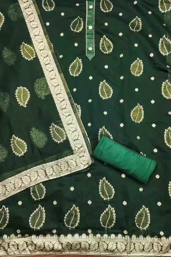 dark green shimmer jacquard woven design work unstitched dress material