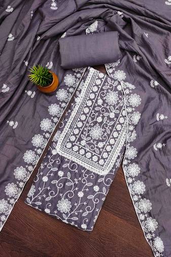 grey silk chikankari work unstitched dress material