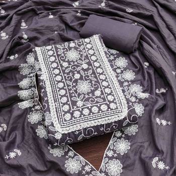 grey silk chikankari work unstitched dress material 2