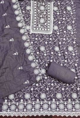 grey silk chikankari work unstitched dress material 3