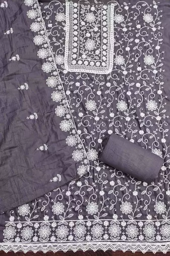 grey silk chikankari work unstitched dress material