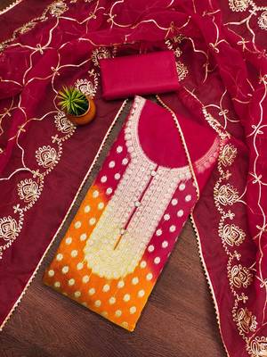 magenta organza jcquard wowen design work unstitched dress material 1