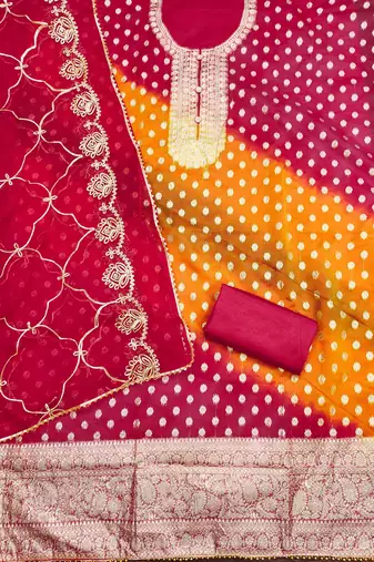 magenta organza jcquard wowen design work unstitched dress material