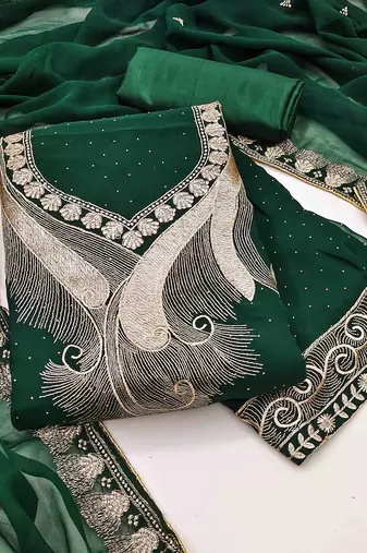 dark green georgette zari embroidered work unstitched dress material