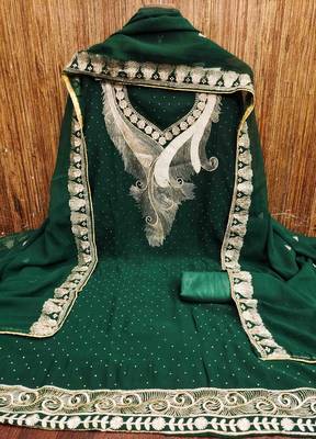 dark green georgette zari embroidered work unstitched dress material 3