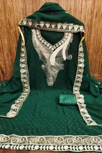 dark green georgette zari embroidered work unstitched dress material