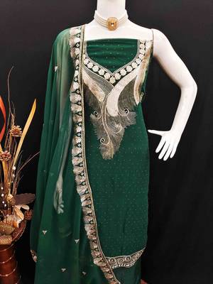 dark green georgette zari embroidered work unstitched dress material 4