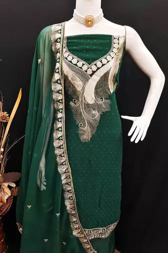 dark green georgette zari embroidered work unstitched dress material
