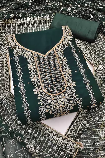 dark green georgette jarkan work unstitched dress material