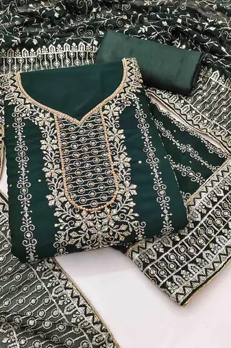 dark green georgette jarkan work unstitched dress material